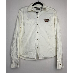 Harley Davidson Women Long Sleeve Button Up Ivory Shirt Size L Embroidered Logo